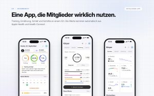 GymStack Mitglieder-App mit Tagesübersicht, Ernährungstracking und Körperwerten auf drei Smartphones